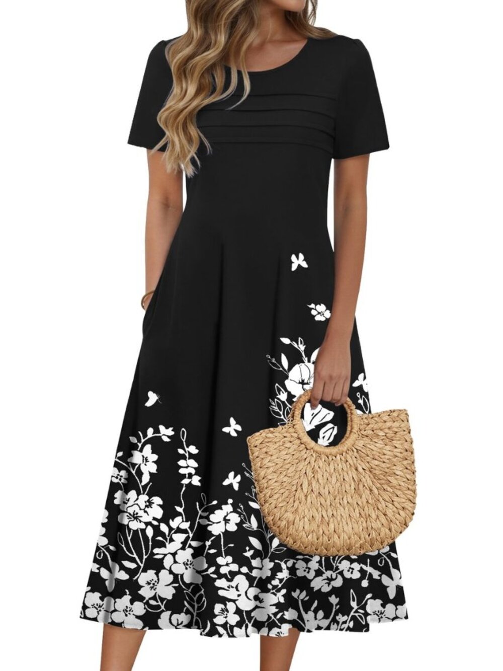 Womens Casual Dresses for Summer Short Sleeve Flare Midi Dress Beach